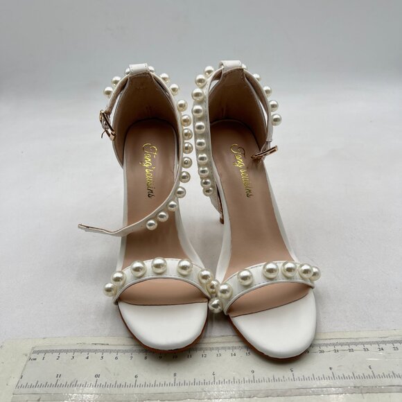 Tang'scuisins White Open Toe Pearl Studded Sandal Ankle Strap Stiletto Heel Shoe - Picture 3 of 8